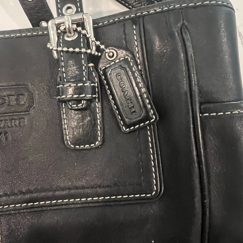 Coach Black Leather Tote with White Stitching - Picture 3 of 5